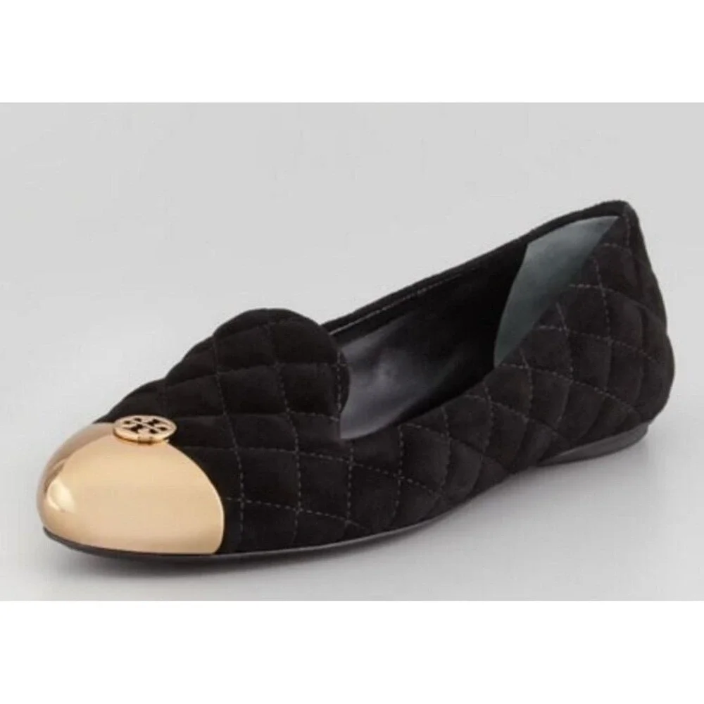 Tory Burch Quilted Suede Cap Toe Flats Women 7 Black Gold Good Logo Medallion
